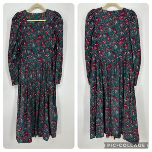 Laura Ashley Vintage Floral A Line Midi Dress 10 Corduroy Puff Sleeves Green Red